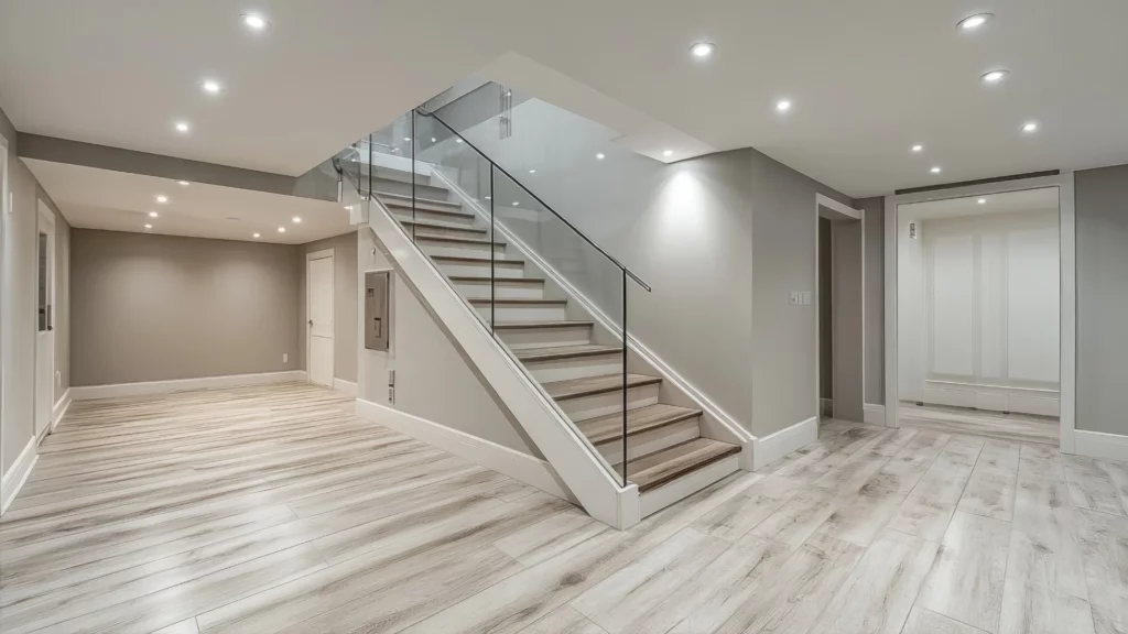 Modern custom home interior with staircase, glass railing, recessed lighting, and wood flooring